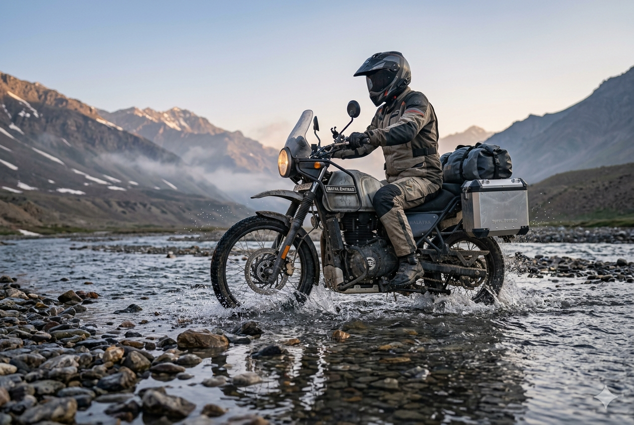 Adventure motorcycle crossing a shallow braided stream near Gramphu–Batal, Spiti Valley, India (early morning)